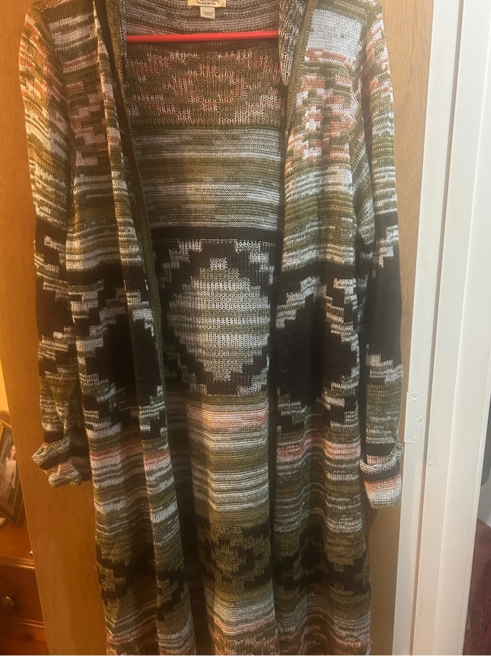 ONE WORLD Olive, Black & Pastel Striped Aztec Open Cardigan